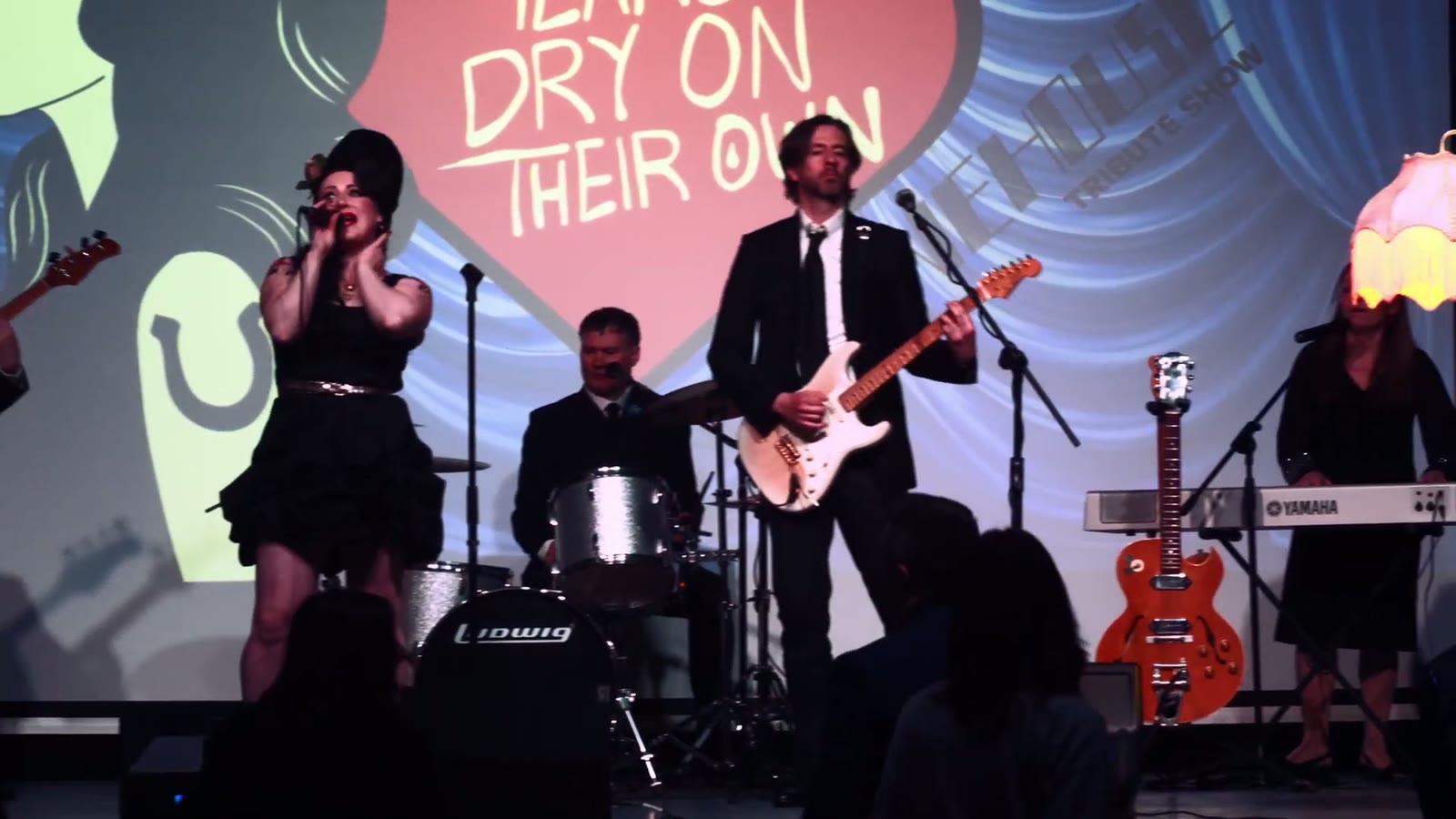 Wide view of the full band performing the show
